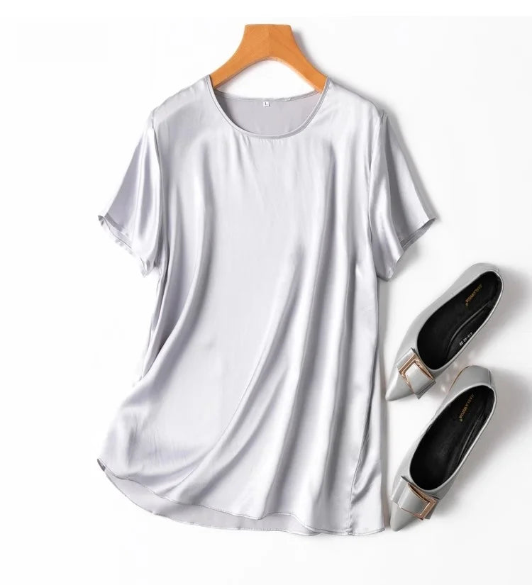 100% Mulberry Silk 19 Momme Charmeuse Silk Women Tank Top T-shirt Short Sleeve Shirt Blouse Solid Colors Summer M L XL AA4270