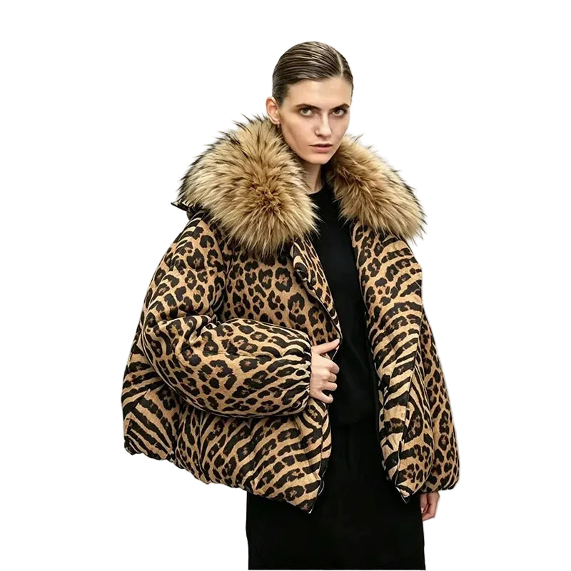 Leopard Fur Collar Down Jacket – Quilted Parka