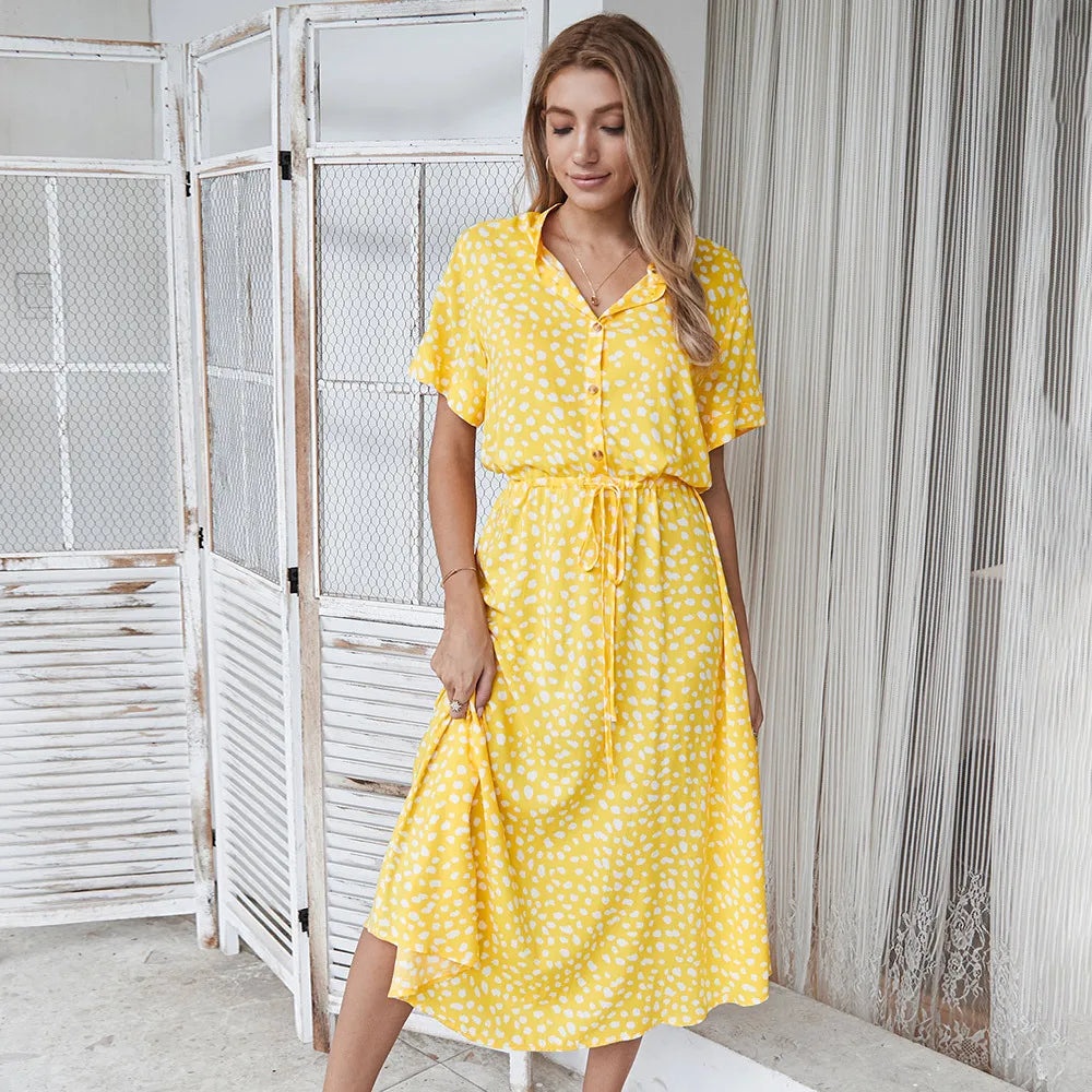 Rust Spotted Print Shirt Midi Dress – Short Sleeve Drawstring Waist