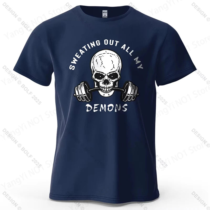 Fitness Skull Motivated Printed Men's T-Shirt 100_ Cotton Oversized Gym Graphic Tees for Women Tops Tees Casual Streetwear T