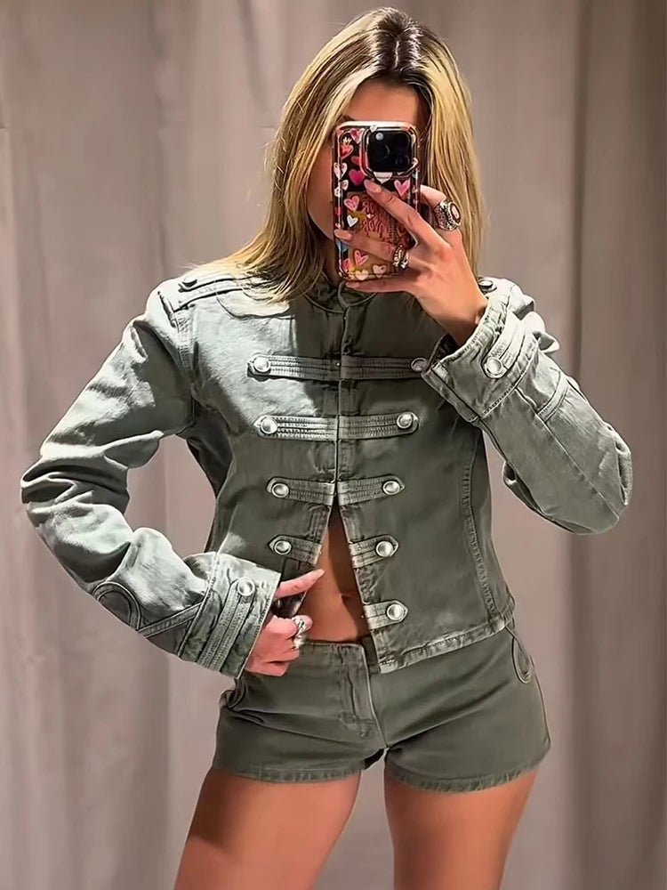 Crop Denim Jacket - Stand Collar Button Slim Fit