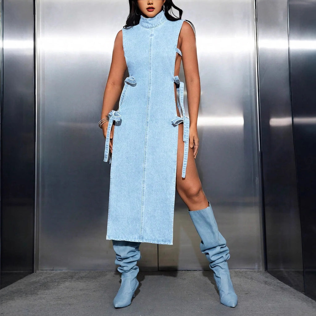 Denim Cutout Lace-Up Midi Dress – Turtleneck Sleeveless Y2K