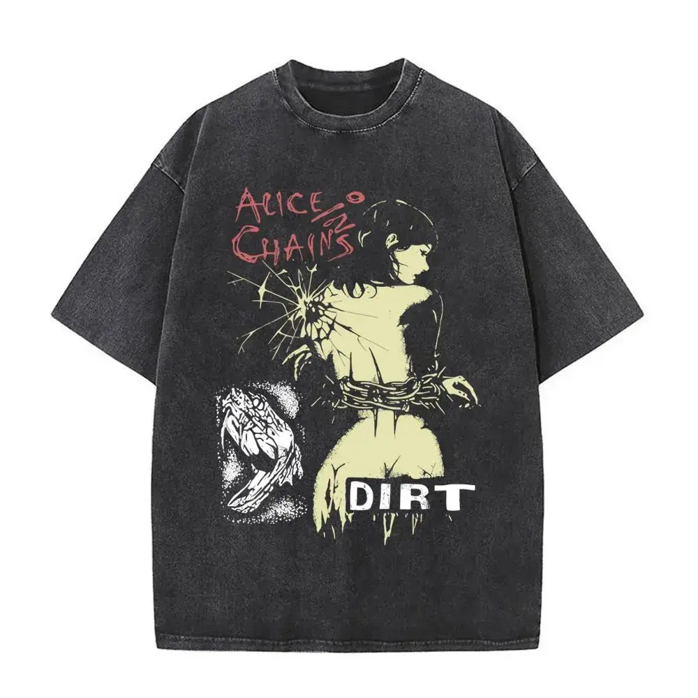 New in Top & Tees Men's T-Shirt Camisetas Rock Band Alice in Chains Dirt Washed Vintage Short Sleeved Round Neck Y2k T-shirt