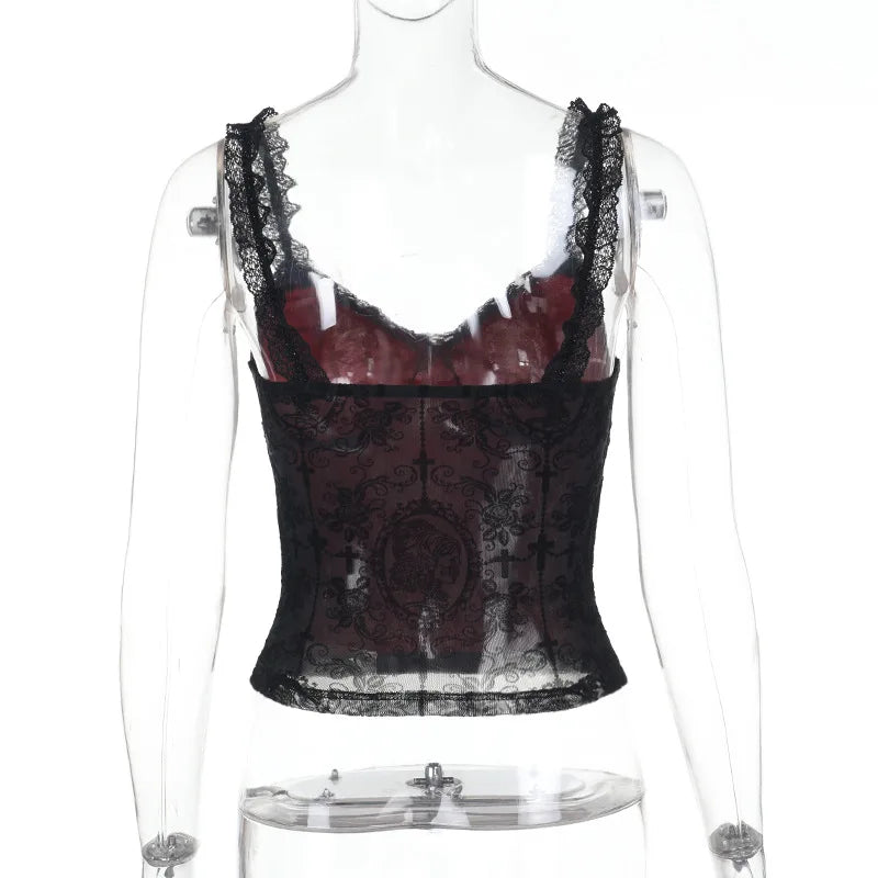 Unholy Lace Halter - Black Goth Corset Top With Cross And Red Velvet