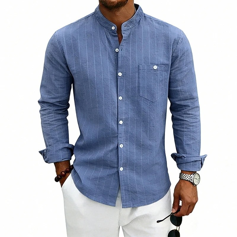 STRIPED LINEN JACQUARD SHIRT - Stand Collar, Loose Fit, Long Sleeve - Easy Days