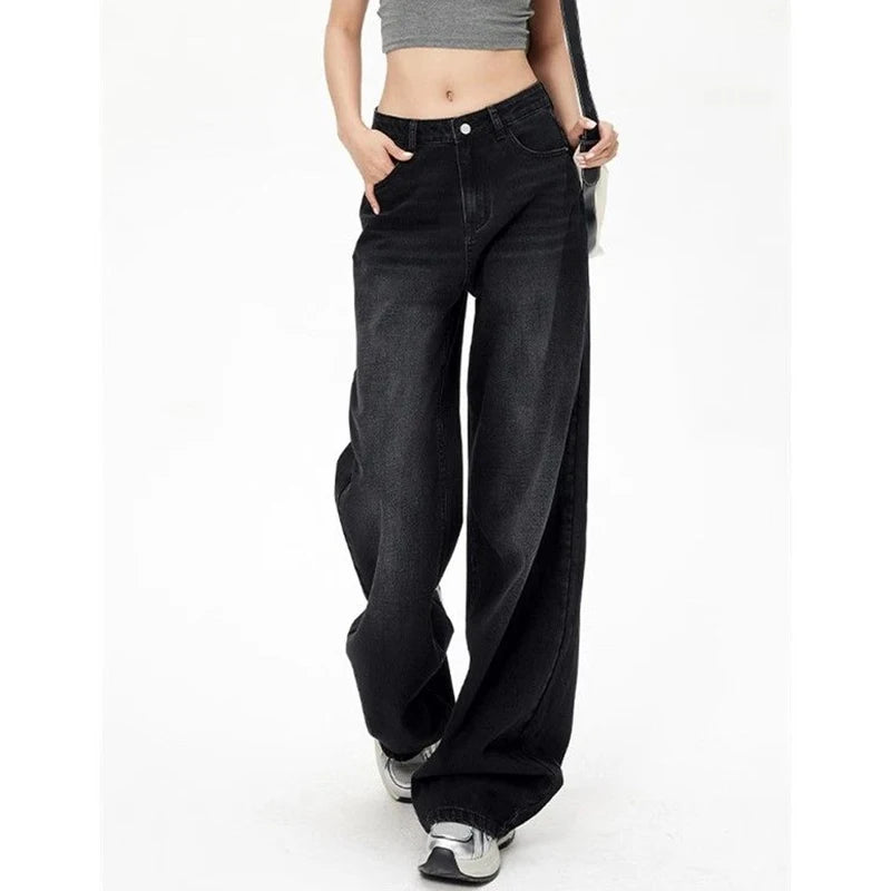 Retro High Waist Straight Leg Jeans - Washed Black Loose Fit