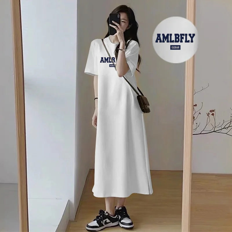 Women's Loose T-shirt Dress Plus Size Summer Casual Letter Print Short Sleeve O-neck Split Long Dress