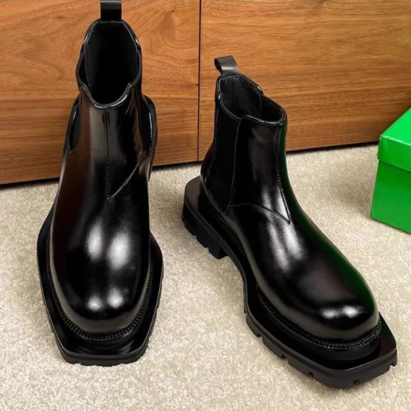 BRITISH RISE - Men's Calfskin Chelsea Boots - +6cm Height, Waterproof, Square Toe, EU 38–44
