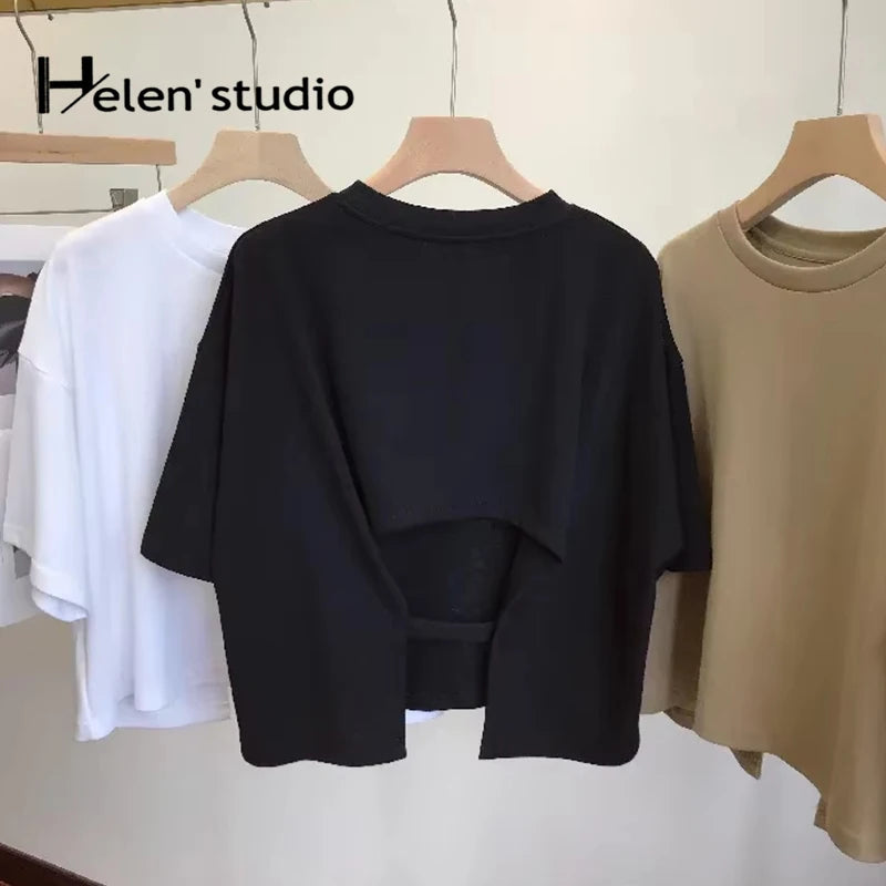 Summer Vintage Women's Short Sleeve Tee Korean Casual Backless Oversize T-Shirt Round Neck Short-Sleeved Crop Tops Y2k Brown Top