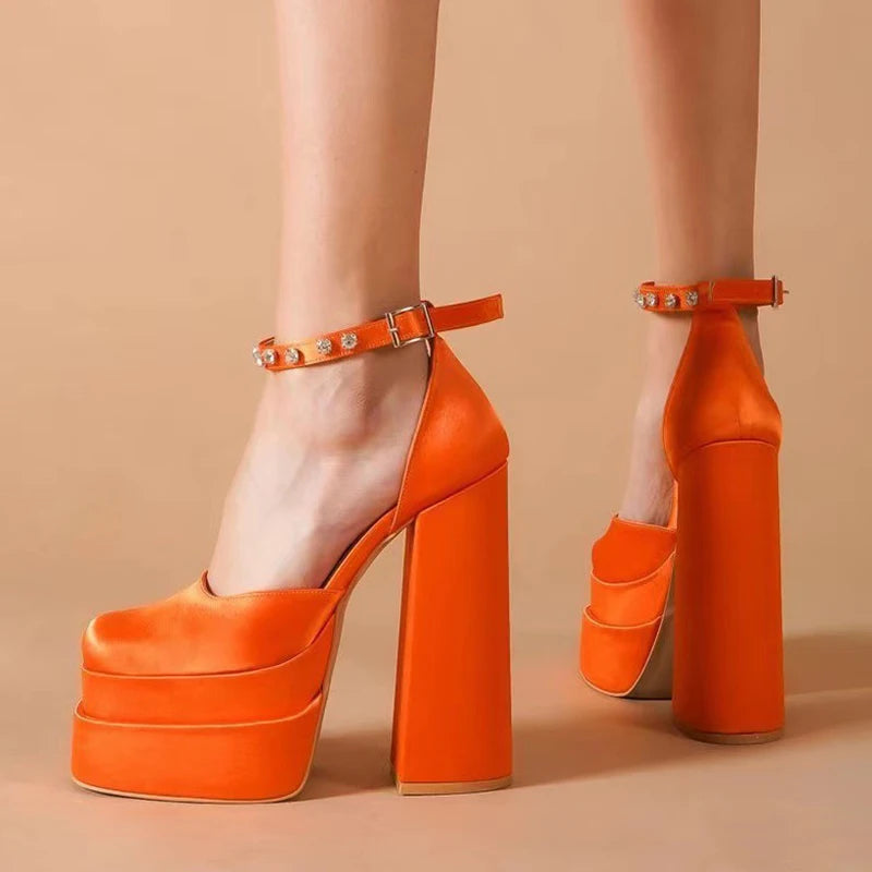 15cm Super High Heels Satin Wedding Shoes Sexy Women's Nightclub Pumps Double Platform Party Sandals Plus Size 35-42