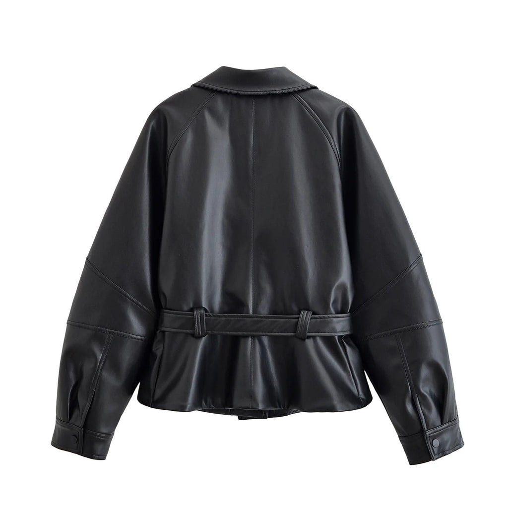 HH Women Fashion Black Short Faux Leather Trench Coat Long Sleeve Lapel Jacket With Belt Vintage Lady Motorcycle Jacket Outwear