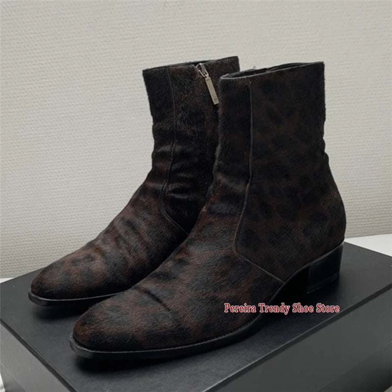LEOPARD CHELSEA BOOTS - Men's Handmade Genuine Leather Side Zipper Mid Heel - Trendy & Bold