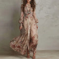 Vintage Floral Print High Waist Pleated Long Dress Woman Elegant O Neck Slim Party Dresses Spring Long Sleeve Boho Holiday Dress