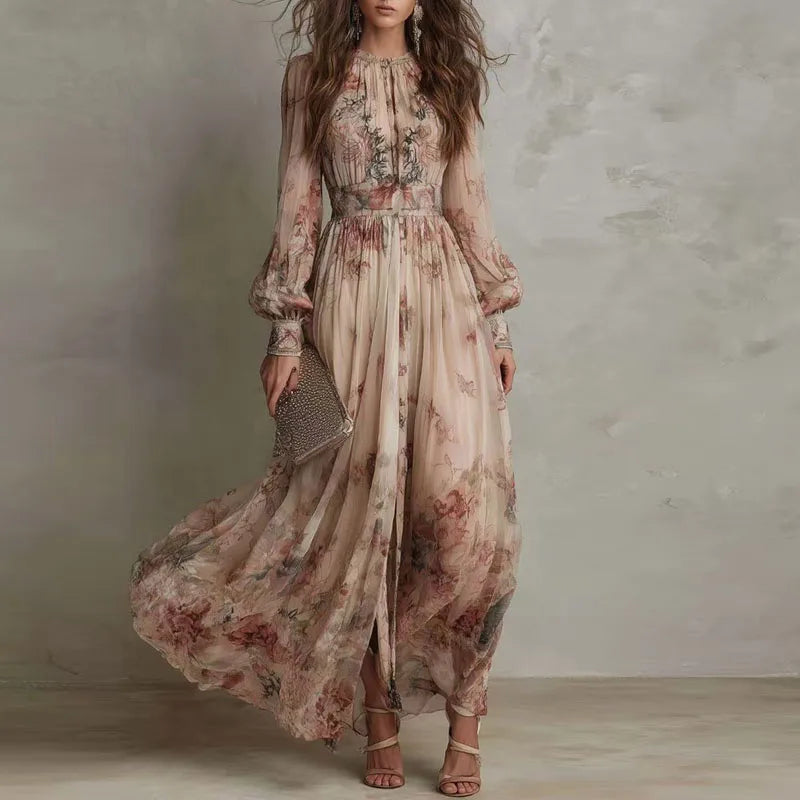 Vintage Floral Print High Waist Pleated Long Dress Woman Elegant O Neck Slim Party Dresses Spring Long Sleeve Boho Holiday Dress