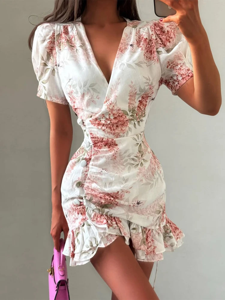 Fashion Printed Short Puff Sleeve Women's Summer Dress Y2k Sexy V-neck Layered Ruffle Hem Corset Skirt Vestidos 2026 Outfit New