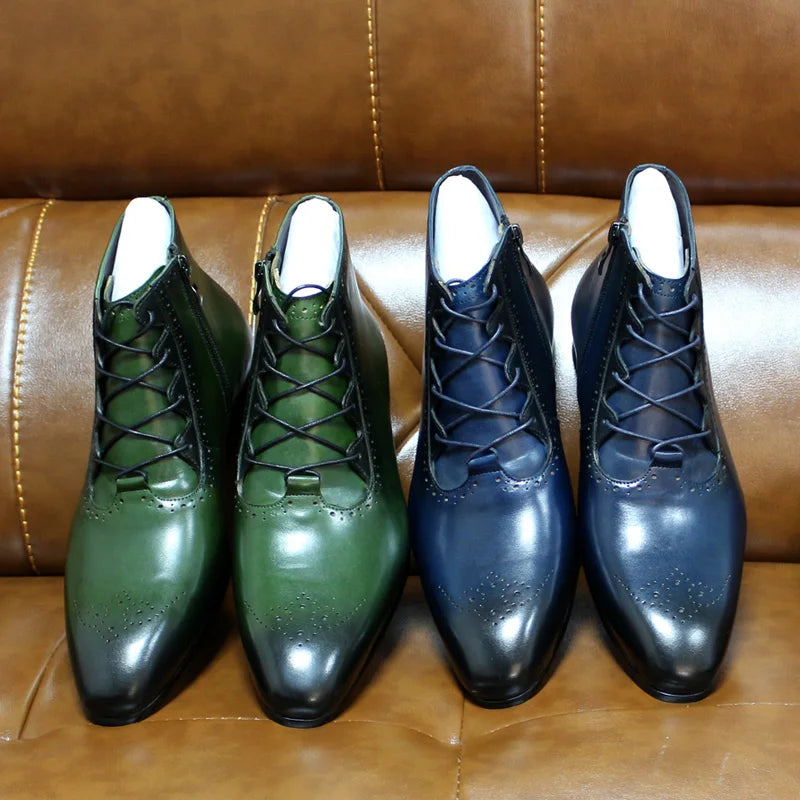 Genuine Leather Ankle Boots - Lace Up Zip British Style Dress Oxford Pointed Toe