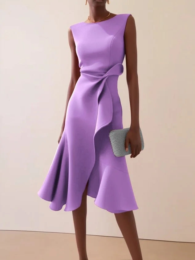 Women Sleeveless Solid Color Round Neck Midi Dress Elegant Slim Fit Formal Party Outfit Fashion 2025 New Arrival