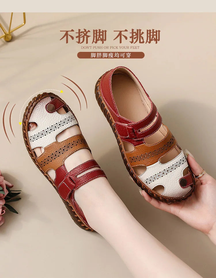 New patches gladiator sandals women's handmade bohemian shoes big size 43 woman real leather sandal ladies patchwork strap flats