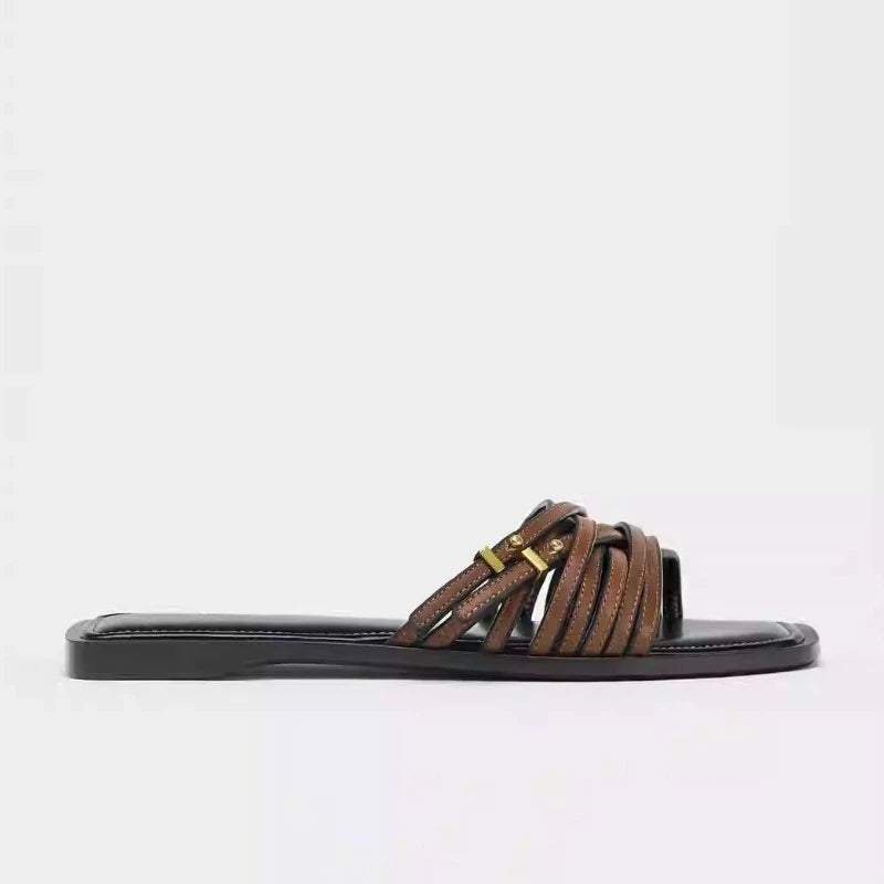Women's Flat Slides Sandals Vintage Square Toe, Leather Strappy Buckle Outdoor Casual Shoes for Summer Fashion