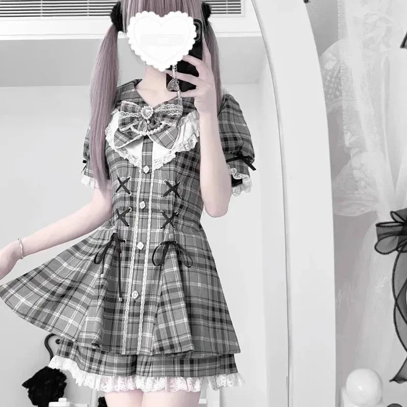 Japanese Gothic Lolita Dress Set Women Harajuku Y2k Bow Lace Ruffles Collar Mini Dresses Female Elegant Party Cute Dress