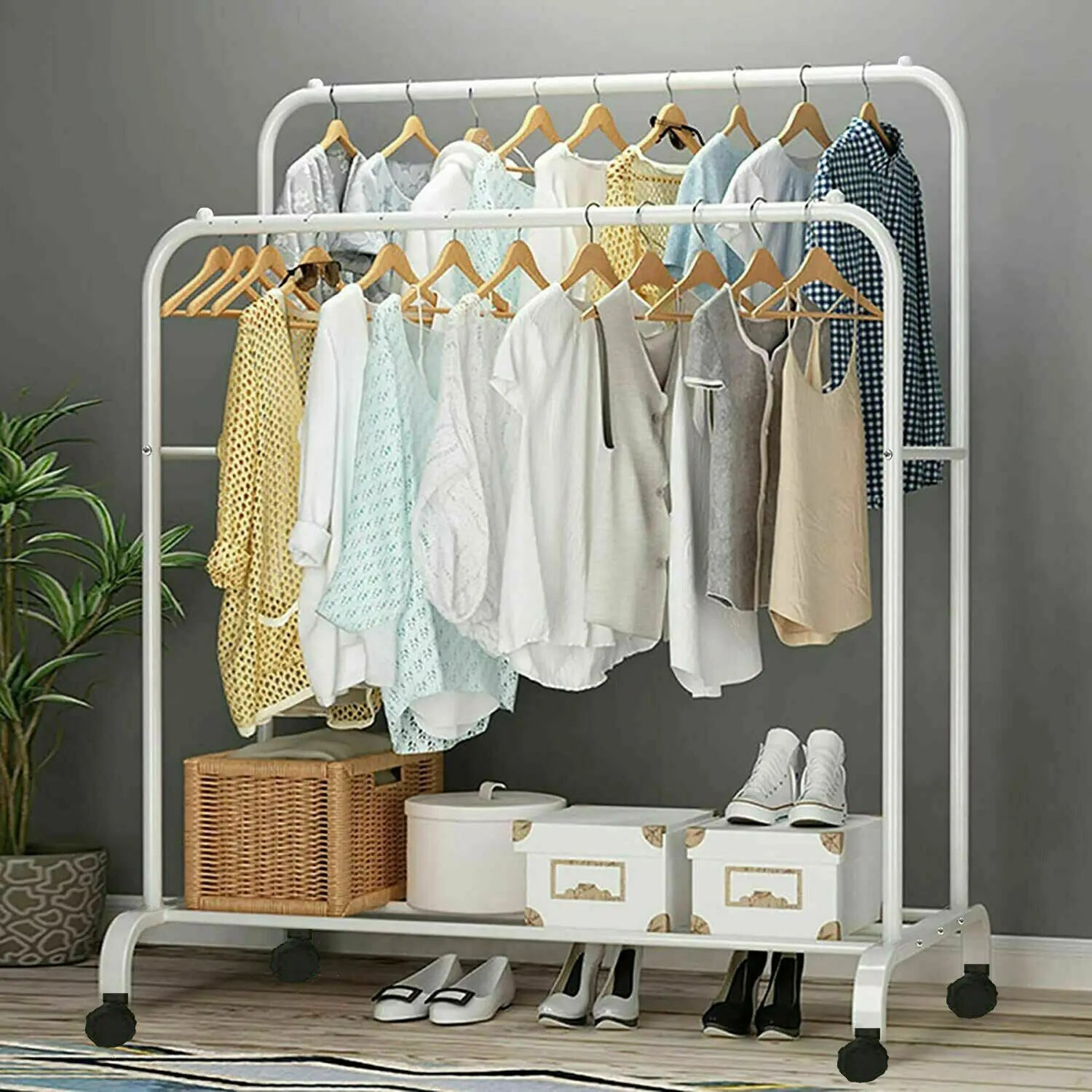 Rolling Clothes Rack – Double Rail & Lower Shelf