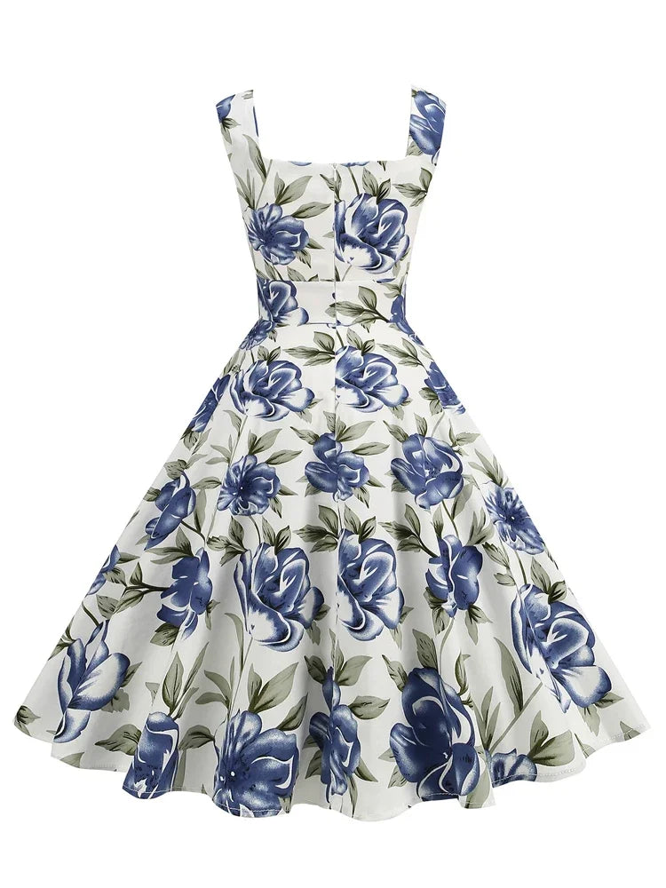 2025 New Hepburn Vintage Lemon Print 50s Pinup Women Cotton Dresses Square Neck Summer Sleeveless High Waist Elegant Party Dress