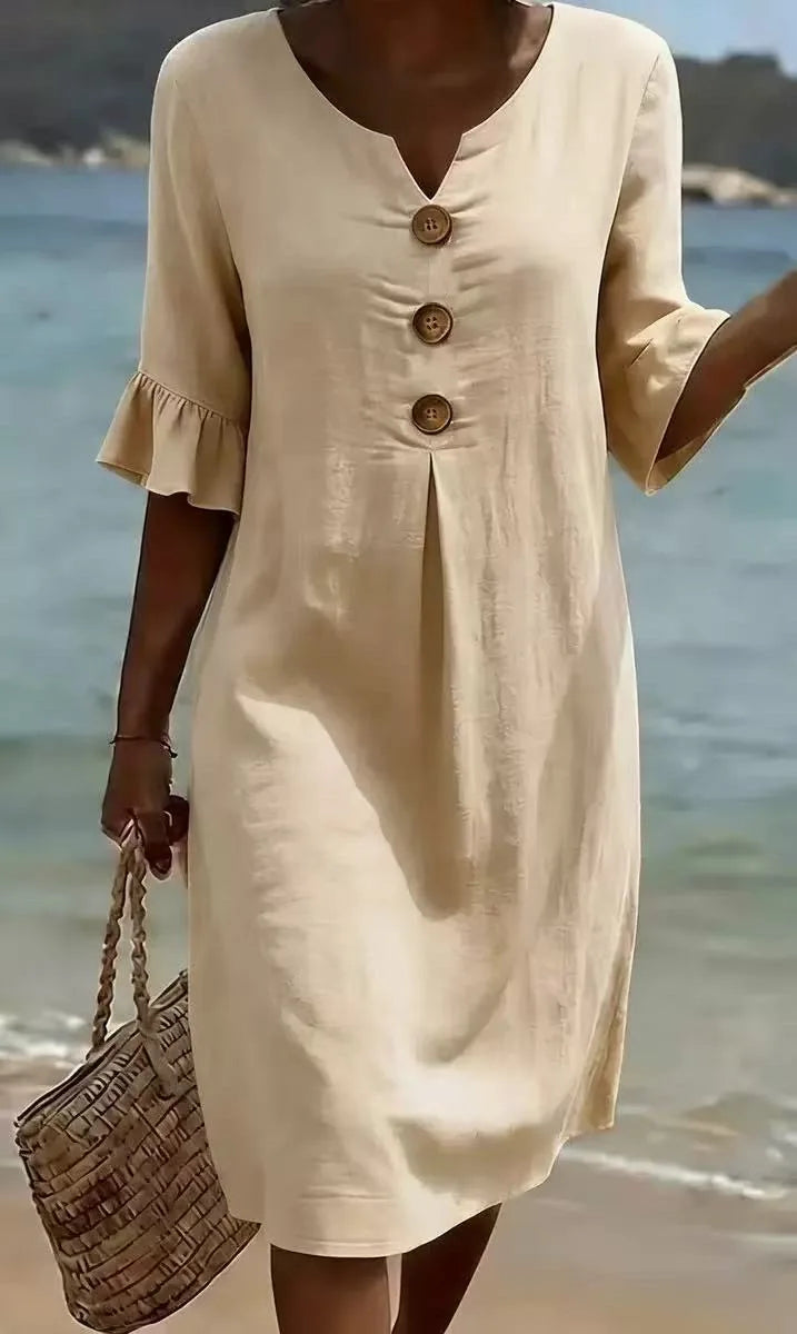 2026 Amazon European and American Cross-Border Spring and Summer New Cotton and Linen V-Neck Dress with Large Buttons and Ruffle