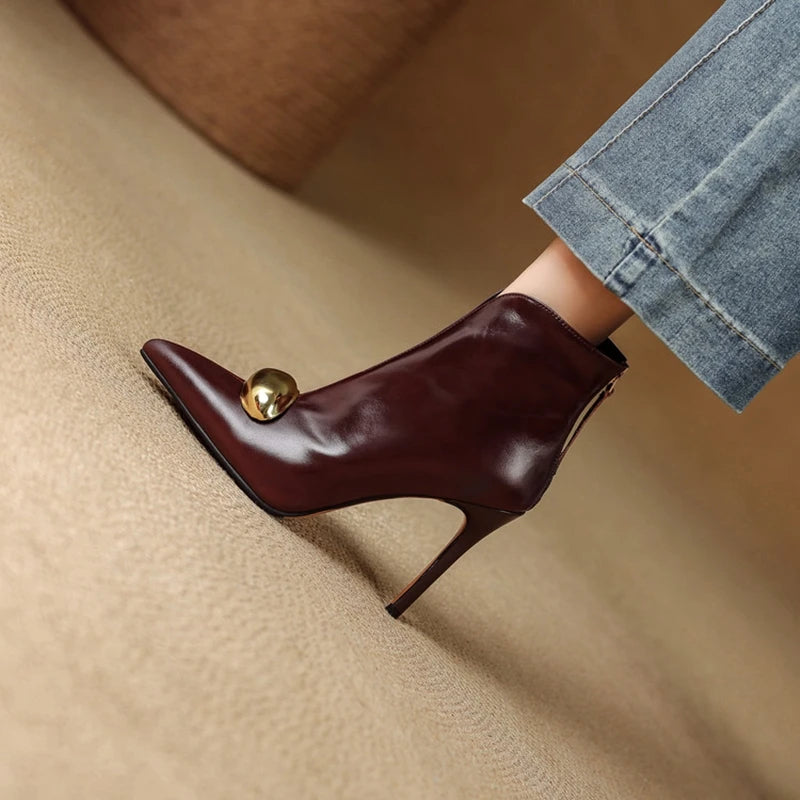 Genuine Leather Pointed Toe Stiletto Ankle Boots