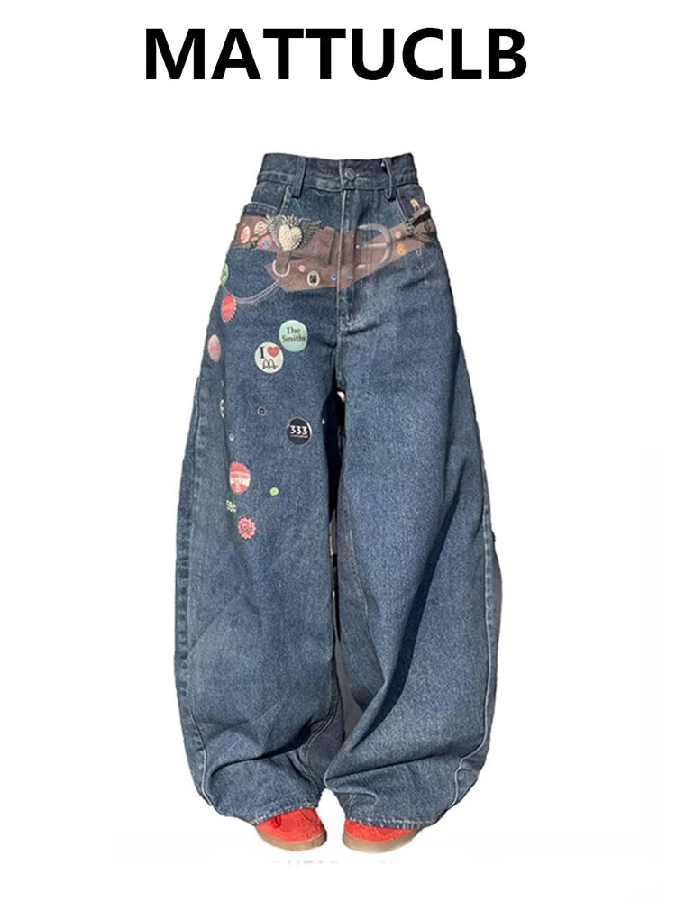 2025 Autumn Winter Women's Denim Pants Boyfriend Y2K Japanese Print Baggy Jeans Grunge Harajuku Cowboy 2000s Wide Fit New In