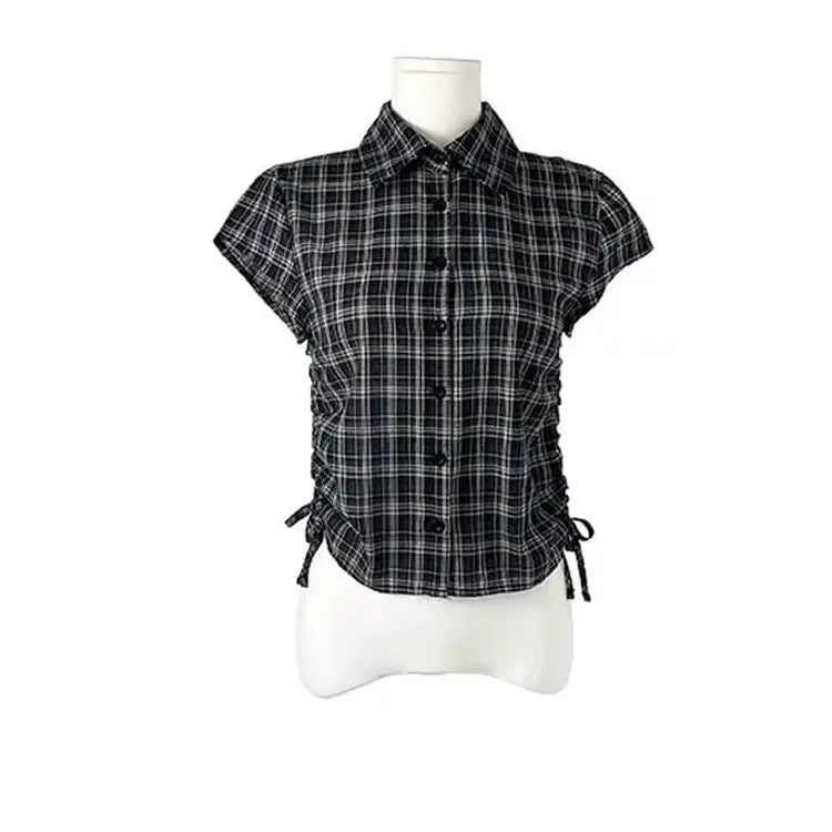 Vintage Classic Plaid Short Sleeve Collared Button Shirt Women Y2k Fashion Cinch Waist Tops Streetwear Casual Retro T-Shirts New