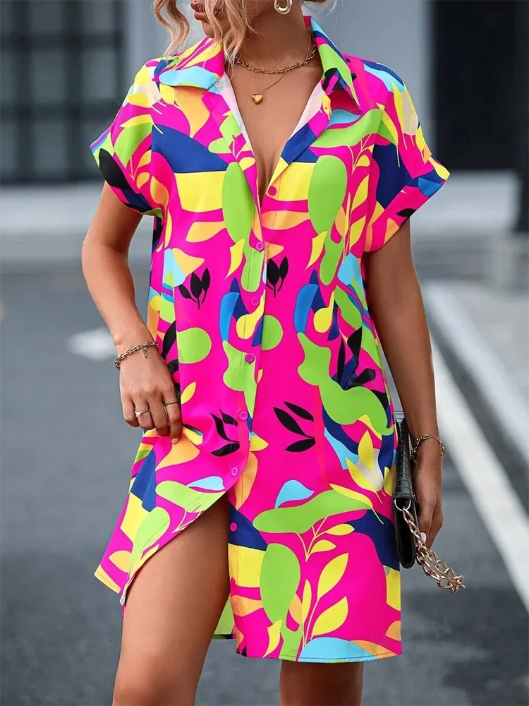 2025 New Summer Everyday Casual Women's Short Sleeve Shirt Dress  Sweet Fashion Single-breasted Dress Floral Print Elegant Dress