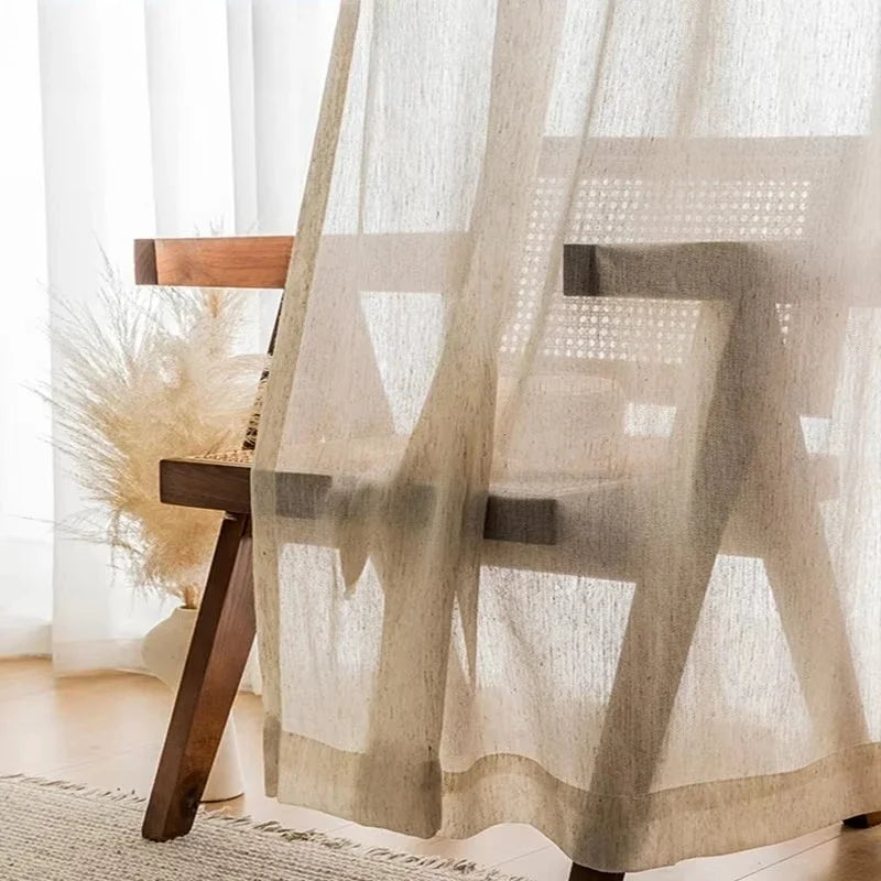 BEIGE LINEN-LOOK SHEER CURTAINS - Voile Tulle, Custom Width - Soft Light