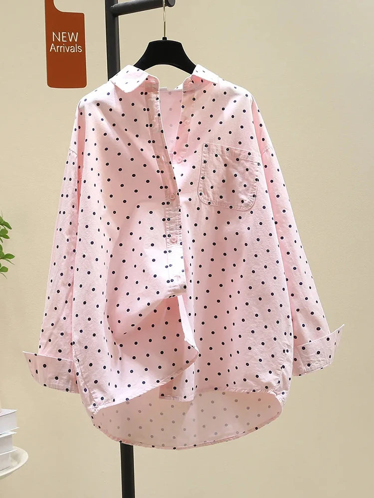 PURE COTTON DOT SHIRT - Full Button, Loose Fit - Easy Casual