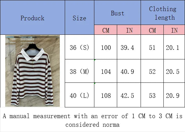 Women's Retro Striped Long Sleeve Polo Shirt Soft Fabric Horizontal Early Spring Collection C26 high version
