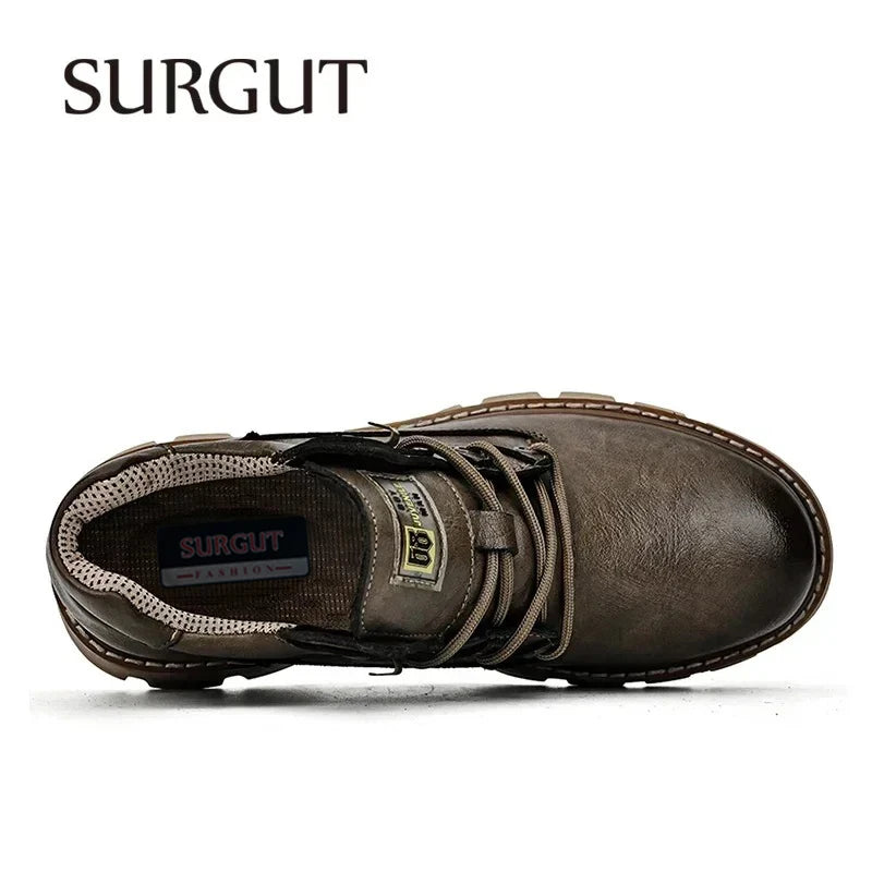 Men's Genuine Leather Motorcycle Ankle Boots - Retro Lace-Up Work Boots