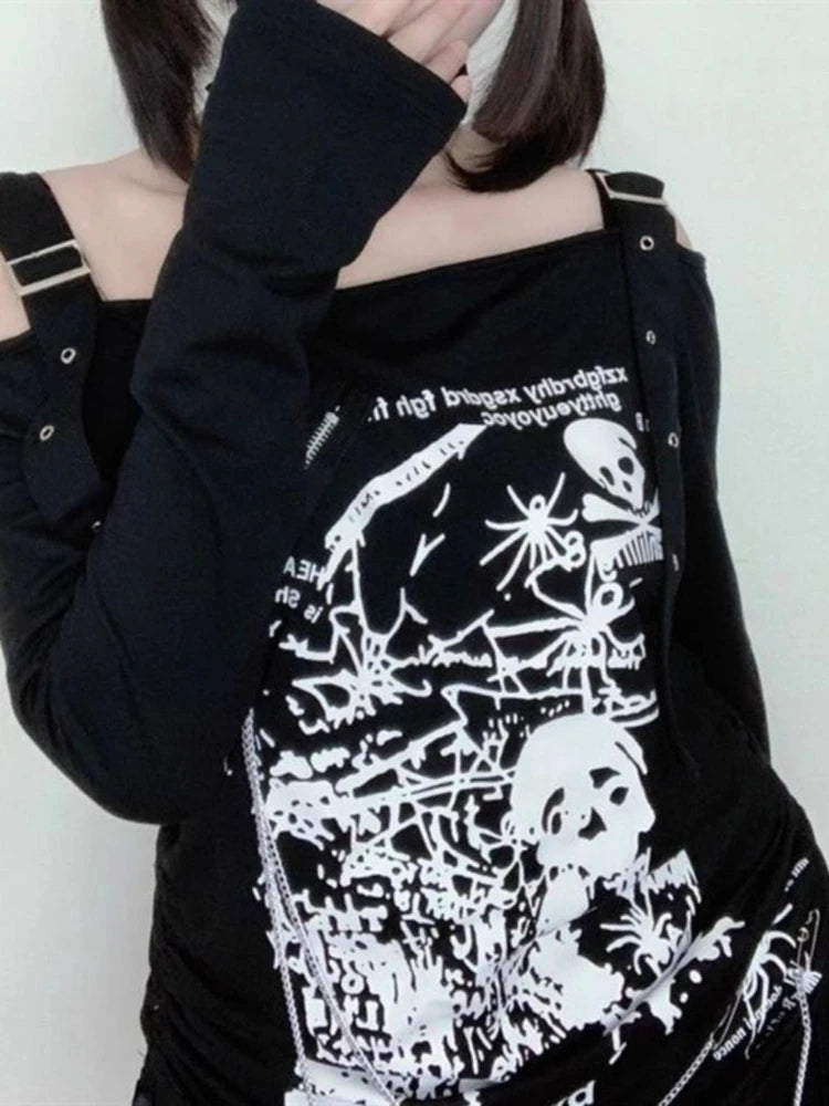 Subculture Punk Skull Print Slash Neck T-shirt Women Vintage Off Shoulder Design Long Sleeve Loose Tops Harajuku Gothic Chic Tee