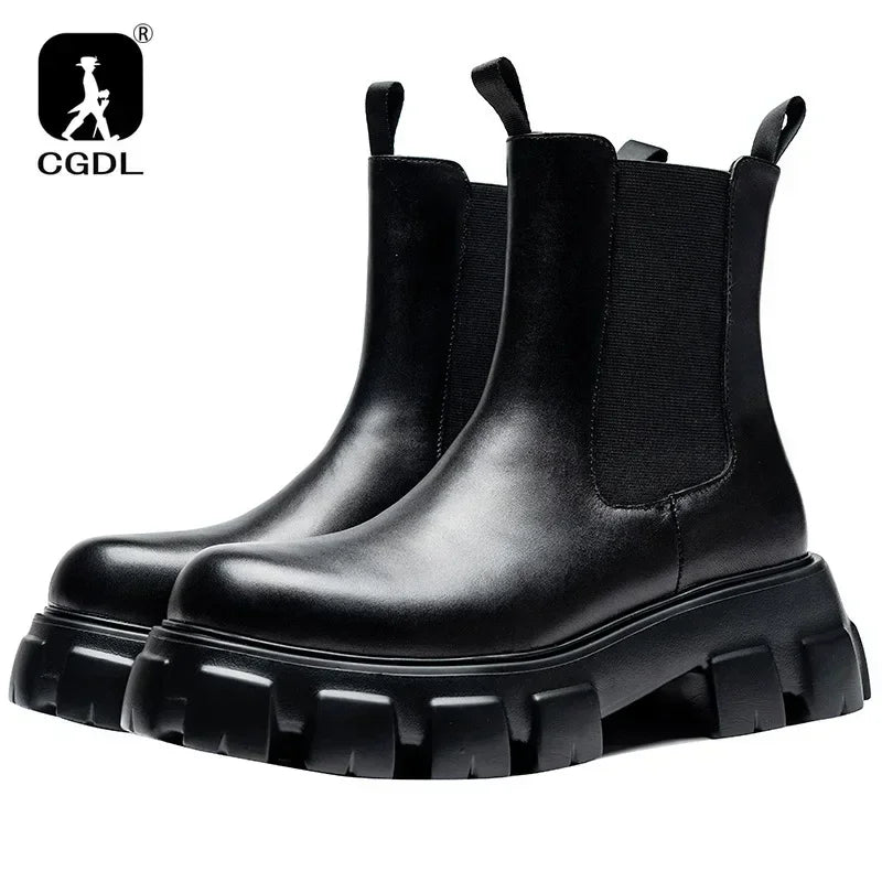 Men's Genuine Leather Platform Ankle Boots - Pointed Toe Zip Winter Boots British Style