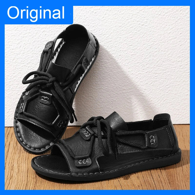 Sandals Summer Fashion Leather Comfortable Flat Roman Sandals Soft Quick Drying 2026 New Outdoor Casual Beach Shoes Man