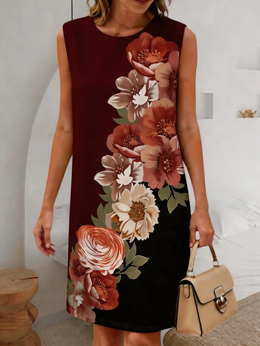 Summer New Women's Casual Fresh Simple Flower Leaves Graphics Sleeveless Dress Knee-Length Dresses Holiday Loose Woman Clothing