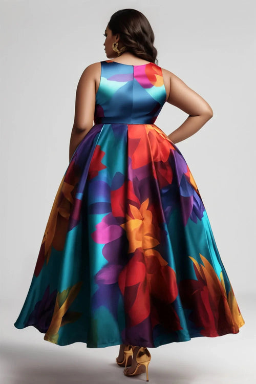 Bold Floral Print Pleated A-Line Maxi Dress – Sleeveless Plus Size 0XL–5XL