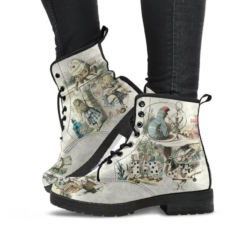 Women's Autumn Short Boots British Style Tooling Boots Skull Print Flower High-top Ladies Ankle Boots Vintage Botte Femme Hiver