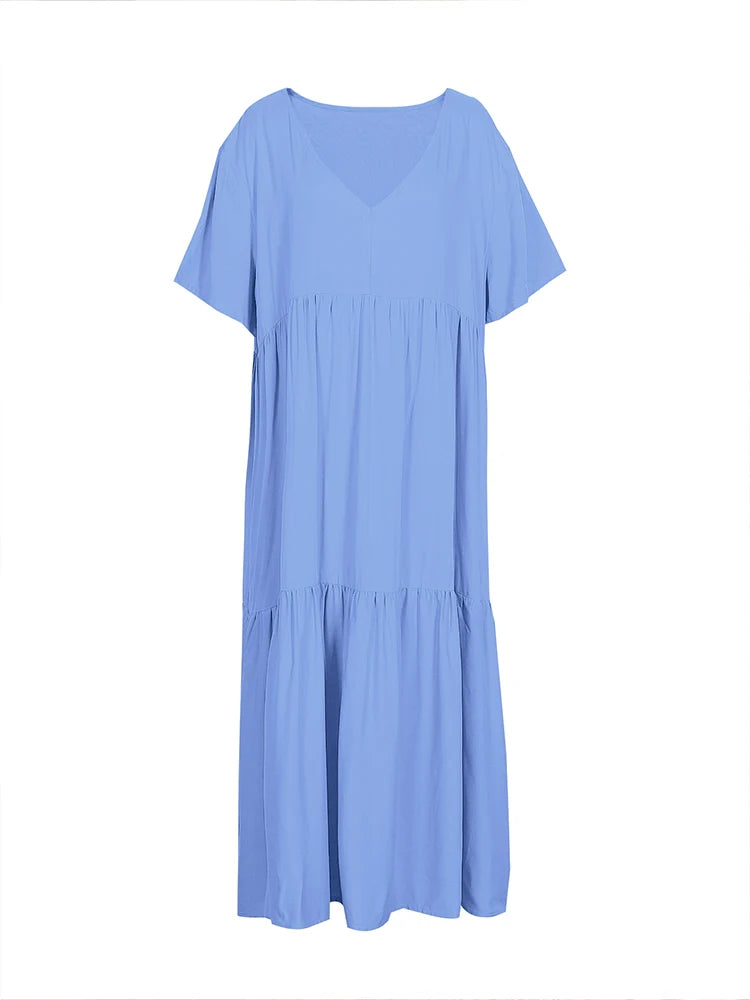 Plus Size 2025 Summer New V-neck Short Sleeve Pleated Solid Color Loose Casual Midi Dress Basic Hem Pleated