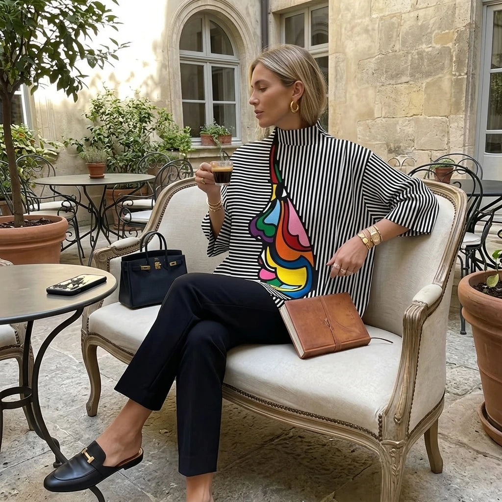 UOOZEE Fashion Women Striped Printed Stand Collar T-Shirts 2025 New Spring Summer Loose Casual Going Out Korean Style Tops