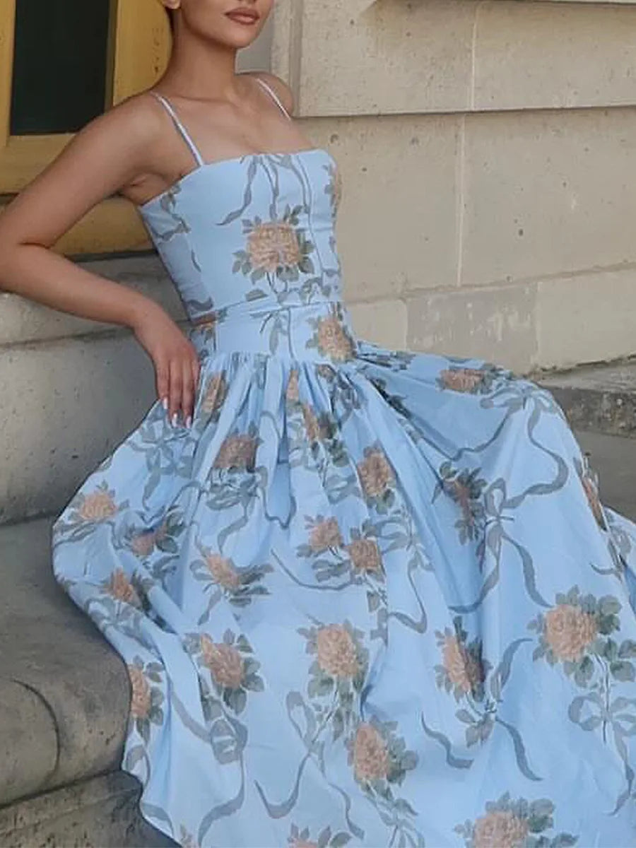 Sexy Floral Long Sun Dress Women's Hollow Out Sundress High Waist Suspenders Maxi Dresses Female 2025 Summer Yellow Festival New