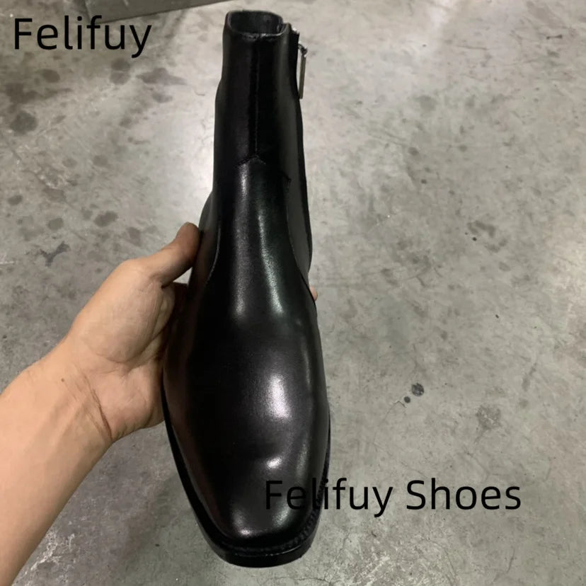 Men's Genuine Leather Ankle Boots - Handmade Pointed Toe Zip Medium Heel Business Style