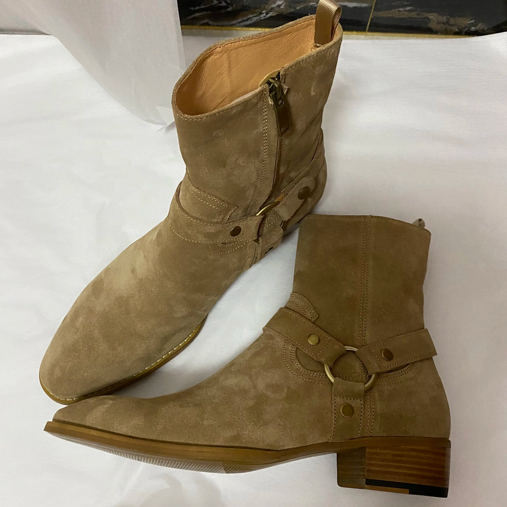 BEIGE SUEDE CHELSEA BOOTS - Men's Handmade Cow Suede Buckle Strap Catwalk Wedge - Luxury Style