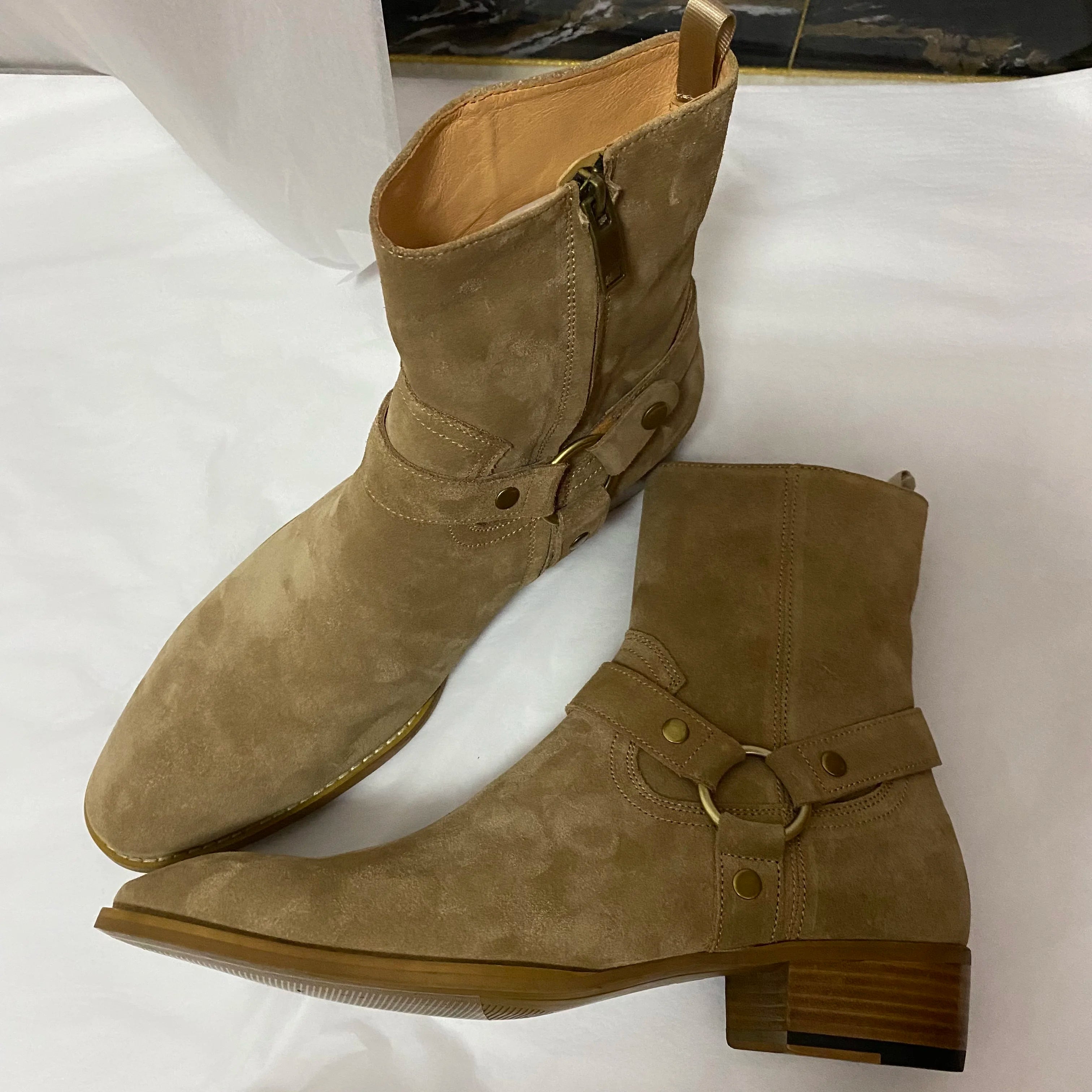 BEIGE SUEDE CHELSEA BOOTS - Men's Handmade Cow Suede Buckle Strap Catwalk Wedge - Luxury Style