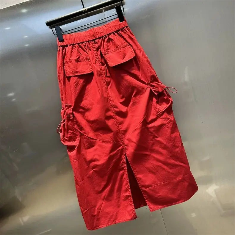 Women Y2k Cargo Long Skirt High Waist Drawstring Maxi Skirt Ruched Vintage Split Elastic Waist Cargo Skirt with Pockets
