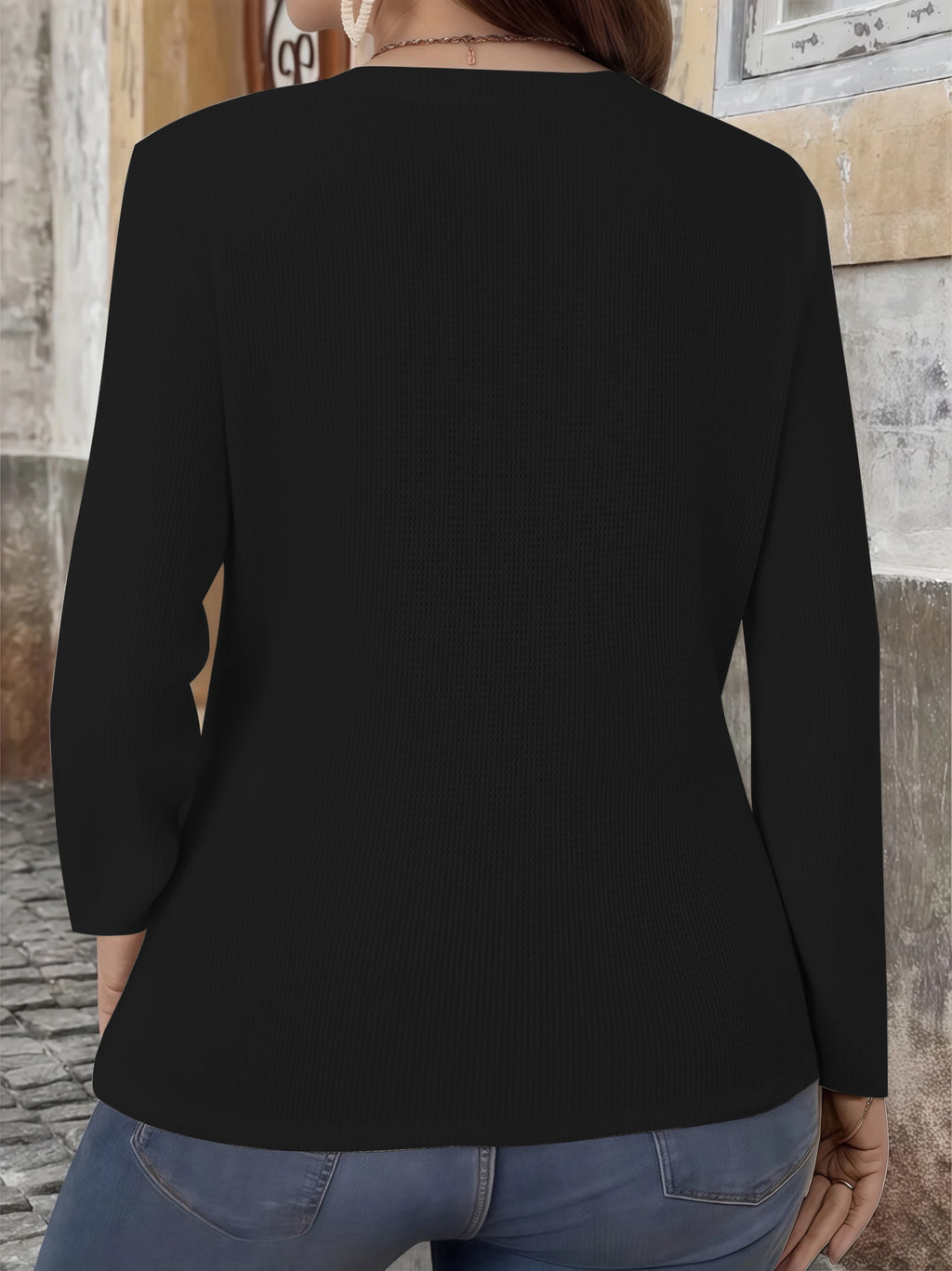 Plus Size Waffle Knit T-Shirt for Women, Elegant V-Neck Button Down Long Sleeve Top, Fall Comfort Fit Blouse