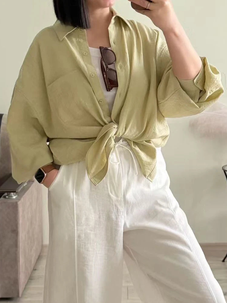 Streamgirl Summer White Linen Shirts For Women Oversized Long Sleeve Tops Lady Loose Basic Linen Tops Women Blue Shirts Oversize